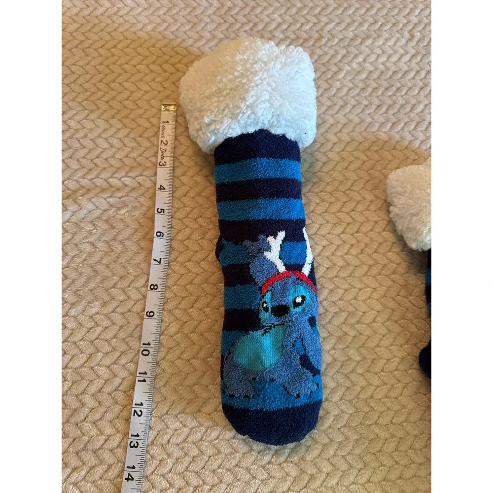 Disney Stitch Kids Reindeer Holiday Slipper Socks Blue Striped Sherpa Lining‎